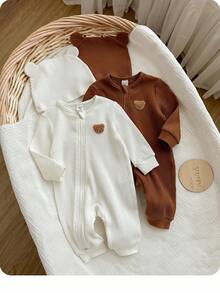 SHEIN Newborn Ribbed Crew Neck Long Sleeve Zipper Casual Jumpsuit Baby Zipper Jumpsuit Ribbed Baby Jumpsuit Newborn Zipper Suit Baby Clothes Unisex Baby Bear Jumpsuit Fall Winter - Multicolor - View 1