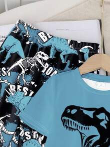 SHEIN 2件套年轻男孩休闲恐龙和卡通动物印花Y2K街头风格圆领短袖T恤和裤子 - 白色 - 查看 5