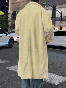 Manfinity Hypemode Men's Casual Versatile Solid Color Double-Breasted Overcoat, Autumn/Winter Cream Men Long Coat - Beige - View 2