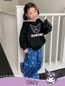 DAZY HELLO KITTY AND FRIENDS | SHEIN 少女针织卡通图案连帽卫衣，秋冬 - 黑色 - 查看 6