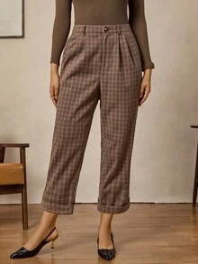 Zelara Plus Size Women Retro Plaid Casual Commuter Pants Plaid Pants Paper Bag Pants Brown Pants For Women Checkered Pants Cropped Plaid Pants Brown Pants All Clothes For Women Winter Clothes For Women Brown Pants Women's Winter Clothes Fall Clothes For Women Thanksgiving Outfit For Women Casual Dresses For Women Cropped Pants