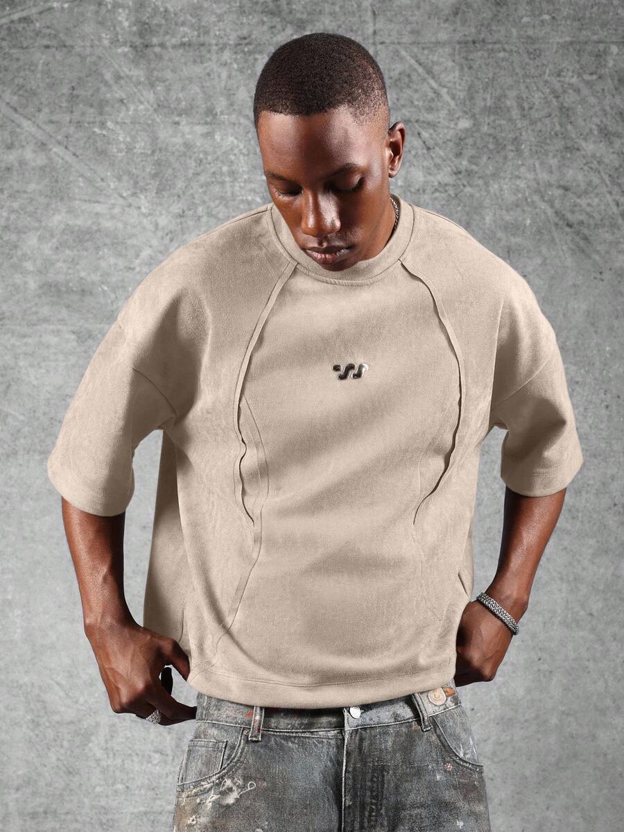 SUMWON Crop Passform Wildleder T-Shirt strukturierte Raglan Kurzarm Lässig Loose Fit Rundhals-Ausschnitt einzigartige Nahtlinie Street-Style Alltags-Outfit Moderne Mode Schlicht - Beige - Übersicht 1