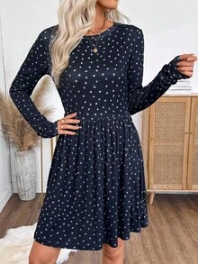 SHEIN LUNE 女式碎花圆领长袖短款连衣裙 - 彩色 - 查看 7