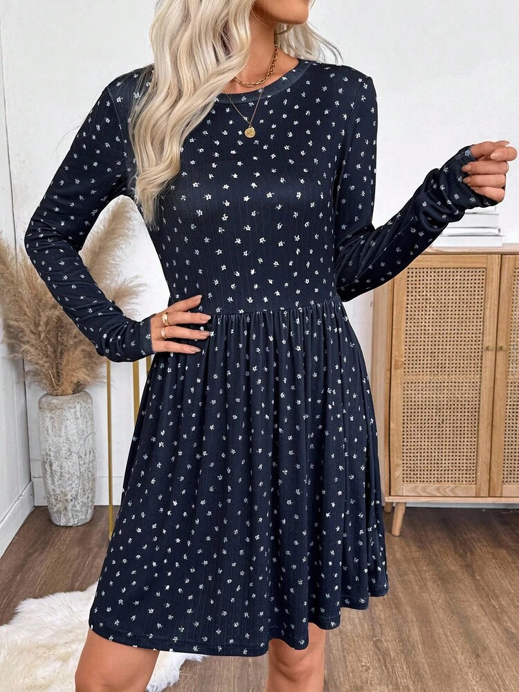 Women's Ditsy Floral Round Neck Long Sleeve Short Dress