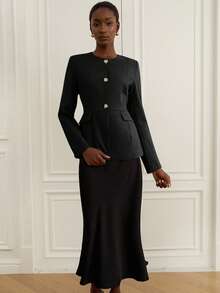 Revavyn Áo khoác Blazer tay dài dáng rộng cổ tròn khóa kim loại màu trơn thanh lịch tối giản sang trọng cổ điển đa năng dành cho nữ đi làm - màu đen - Xem 5