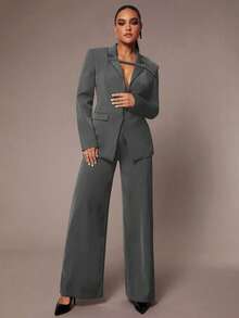 Silquee Conjunto de traje elegante de oficina para mujer, unicolor negro, diseño ajustado con blazer avanzado + pantalones anchos simples. Conjunto de traje adecuado para Acción de Gracias, Navidad, Año Nuevo. Traje de pantalón ancho para mujer.