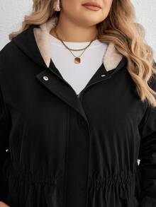 SHEIN CURVE+ 大码女装/秋季服装/秋季女装/冬季女装/冬季女装大码女式长袖前袋休闲宽松连帽抓绒冬装外套大码夹克8XL女装6XL加大码女装5XL加大码女装大码女装 - 黑色 - 查看 9