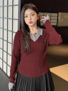 Dazy Plus 圣诞节和新年拼色衬衫领二合一休闲大码女式刺绣图案时尚秋季套头毛衣 - 紅色 - 查看 4
