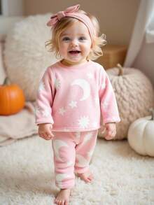SHEIN Cute Cartoon Pattern Pink Long Sleeve Pajama Set For Babygirl, Autumn/Winter Fall - Pink - View 1