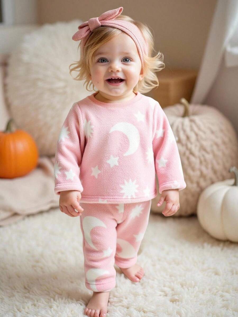 SHEIN Cute Cartoon Pattern Pink Long Sleeve Pajama Set For Babygirl, Autumn/Winter Fall - Pink - View 1