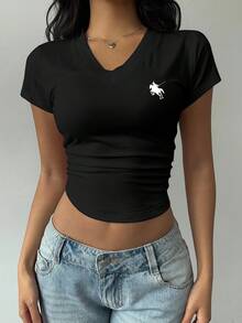 SHEIN BASICS Casual Minimalist Horse Logo Graphic V-Neck Ruched T-Shirt For Women, Suitable For Summer,Black Tops