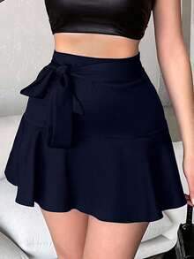 EURMUSE Damen Lässig vielseitige einfarbige Rüschen-Saum Rock