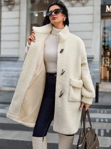 EURMUSE 女士纯色纽扣和口袋细节冬季大衣 - 米色 - 查看 3