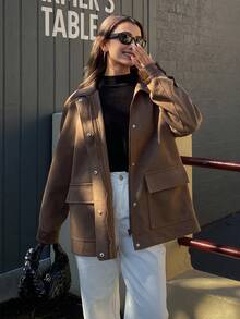 DAZY Women's Autumn/Winter Lapel Patchwork Large Pocket Woolen Coat Jacket - Coffee Brown - View 3