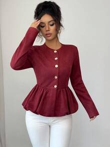 Selianne Women's Elegant Commuter Solid Color Ruffle Hem Jacket - Red - View 4