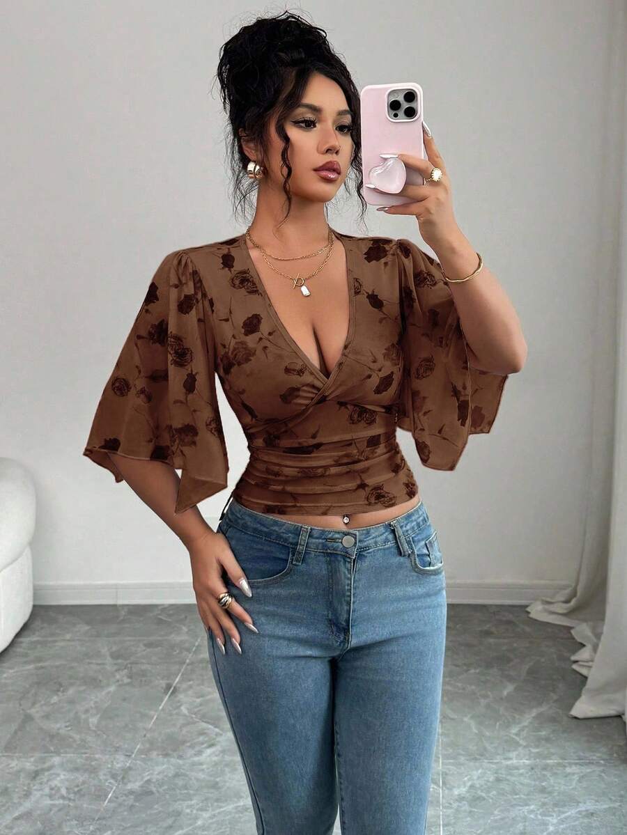 Elenzga Áo thun tay loe in hoa thanh lịch dành cho nữ, mùa hè - Cà phê nâu - Xem 1