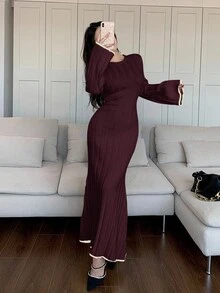 Feyla Váy len dệt kim viền bèo tay loe viền đuôi cá màu sắc thanh lịch dành cho nữ, mùa thu/đông - Màu Đỏ Sâu - Xem 3