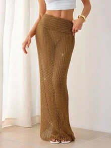 SHEIN Tall Váy len dáng đuôi cá ôm sát, màu trơn cổ điển, phong cách thường ngày và thời trang, thích hợp cho mùa xuân/hè/váy maxi/dự tiệc/đi biển. - màu nâu - Xem 9