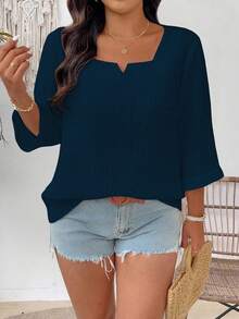 EMERY ROSE Camisa casual holgada de unicolor con mangas 3/4 para mujer de talla grande - Agua verde azul - Ver 3