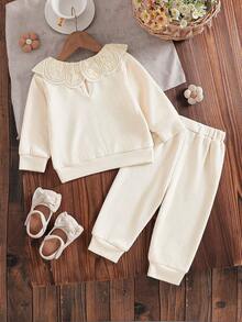 SHEIN Vintaside Kids 2 件套女婴服装，简约设计，别致衣领，春季，5-12 个月 - 卡其色 - 查看 2