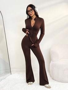 SHEIN PETITE 2件套女士纯色修身长袖上衣和裤子套装 - 咖啡棕 - 查看 5