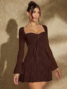 SHEIN BAE 女式蕾丝杯荷叶边下摆连衣裙 - 咖啡棕 - 查看 8