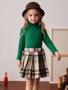 PrepCrw Young Girls' School Style Collared Long Sleeve T-Shirt And Plaid Skirt Set - Multicolor - View 4