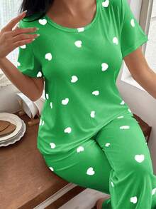 SHEIN Heart Print Short Sleeve Top And Pants Pajama Set - Green - View 5