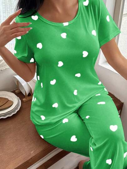 Heart Print Short Sleeve Top Pants Pajama Set view 5