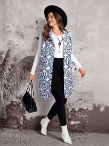 EMERY ROSE Plus Size Women Plant Pattern Zip Front Casual Pocket Sleeveless Winter Jacket Fall Autumn - Blue - View 5