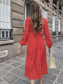 Pariaura Váy chấm bi thêu hoa ren kiểu Pháp dành cho nữ - Đỏ - Xem 2