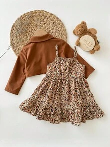 SHEIN Babygirl Ditsy Floral 休闲吊带背心裙和棕色夹克套装 - 彩色 - 查看 2