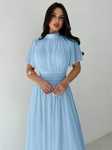 Firerie Women's Elegant Romantic Elegant Daily Commute Beach Vacation Stand Collar Pleated High Waist A-Line Flare Sleeve White Dress Blue - Baby Blue - View 2