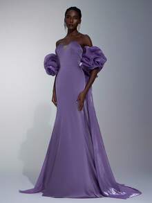 Elitara Elegant Taro Purple Minimalist Asymmetric Strapless Neckline Fitted Mermaid (Detachable 2 Pieces) Exaggerated 3D Ruffle Trailing Sequin Embellished Evening Gown - Dusty Purple - View 9