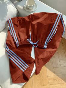 Comfortcana 女士时尚休闲红棕色侧条纹松紧腰宽松运动裤 - 紅木色 - 查看 7