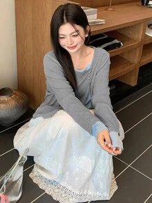 Dazy Plus 大码女款撞色蝴蝶结装饰二合一时尚长袖T恤