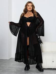 SHEIN CURVE+ Plus Size Women Gothic Style Flare Sleeve Hooded Sheer Dress - Black - View 2