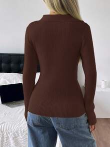 SHEIN EZwear 秋季新款奶油黄色V领修身女士开衫 - 棕色 - 查看 2