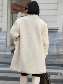 EURMUSE 女士纯色纽扣和口袋细节冬季大衣 - 米色 - 查看 2