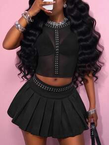 Slaydiva Conjunto de 2 piezas de mujer 2025 de estilo retro Y2K, punk y casual de verano con top de malla transparente de escote redondo sin mangas con detalles de cutíes, y falda plisada con diseño de tejido negro en forma de A - Negro - Ver 7