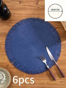 SHEIN 1/4/6/12片装北欧现代简约风格圆形纸质餐垫，带编织流苏 - 家居厨房装饰餐桌垫，防滑水杯、碗和盘子垫。适用于节日聚会、生日派对、婚宴和家居装饰 （请注意，餐垫材质为纸质，不可水洗） - 藍色 - 查看 12