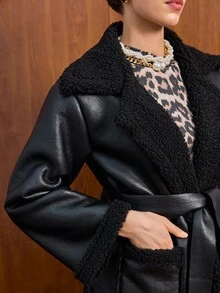 EURMUSE Faux Leather Coat, White Sherpa Lining, Wide Lapel Collar, Belted Waist, Long Sleeve, Warm And Stylish, Perfect For Fall And Winter, Casual And Elegant, Limited Edition Collection, High Quality - Black - View 5