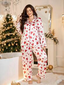 SHEIN MuseNap CURVE Plus Size Heart Print Lapel Cardigan & Pants Set For Autumn/Winter  Cozy And Elegant Details, Fall Clothes - White - View 3