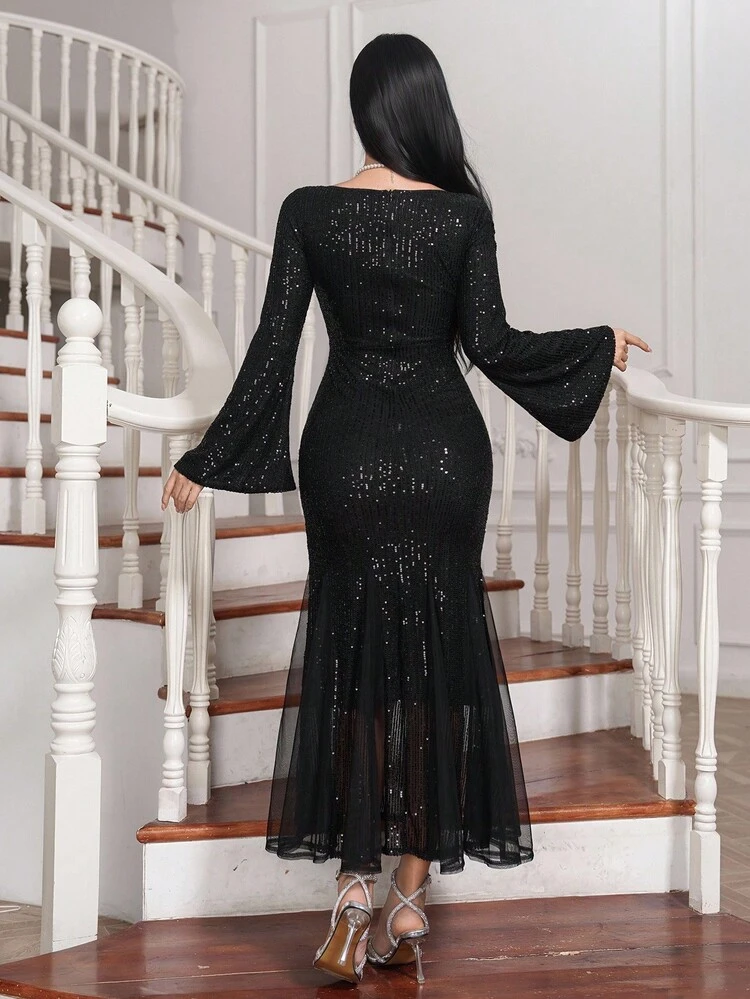 Women's Elegant Party Dress, V-Neck Sequin Patchwork Mid-Length Dress, Autumn Prom Dress New Year Eve Dress Carnival Sparkly Dress Maxi Dress