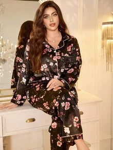 LuxeNights Floral Print Faux Silk Lapel Collar Long Sleeve Pajama Set For Plus Size Women, Fall Clothes