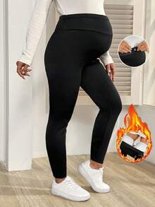 SHEIN Maternity Casual Solid Color Adjustable Waist Thermal Lined Warm Leggings, Winter - Black - View 7