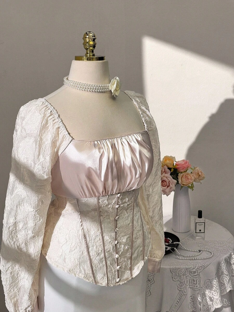 Sweetra Áo sơ mi tay dài vải jacquard chắp vá thanh lịch cỡ lớn - Màu be - Xem 1