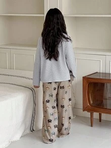 DAZY 2pcs/Set Girls Casual Long Sleeve T-Shirt And Cat Print Pants Homewear Set - Light Grey - View 4