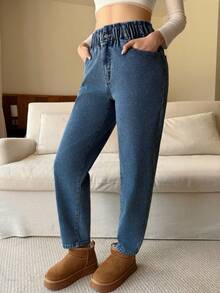 SHEIN Tall 女式休闲松紧腰保暖内衬高腰牛仔裤，适合秋冬季 - 中等水洗藍 - 查看 5