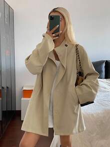 DAZY 女式条纹袖口宽松休闲风衣女式夹克，秋季女装 - 卡其色 - 查看 3